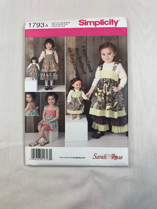 Simplicity Sewing Pattern 1793 Sarah Rose, Girls' Dress, Pants, Shorts, 18 " Doll Dress, Size 3-8, Uncut, 2012