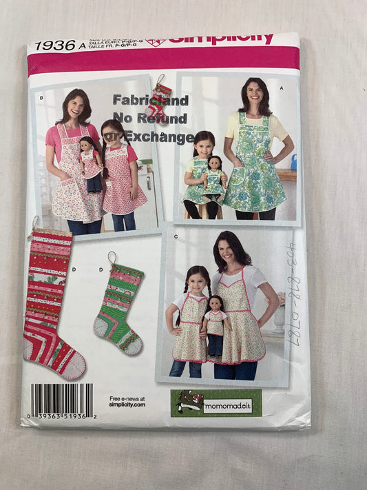 Simplicity Sewing Pattern 1936 Aprons, Stockings, Misses', Girls', Matching 18" Doll Dress, Size S-L, Uncut, 2012