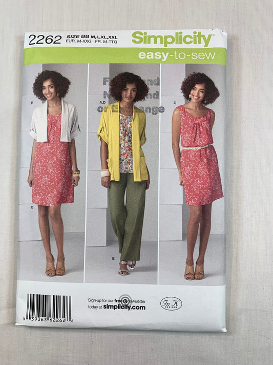 Simplicity Sewing Pattern 2262 Misses' Pullover Dress, Tunic, Pants, Knit Cardigan, Two Lengths, Size 14-26, Uncut, 2010