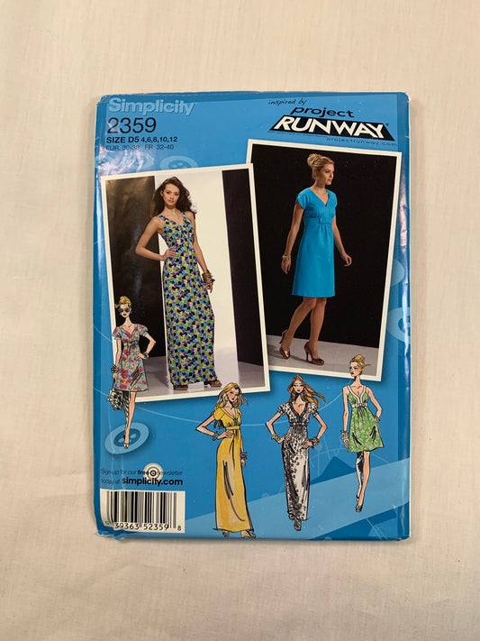 Simplicity Project Runway Sewing Pattern 2359 Misses' Dress, Two Lengths, Sleeve Variations, Size 4-12, Uncut, 2010