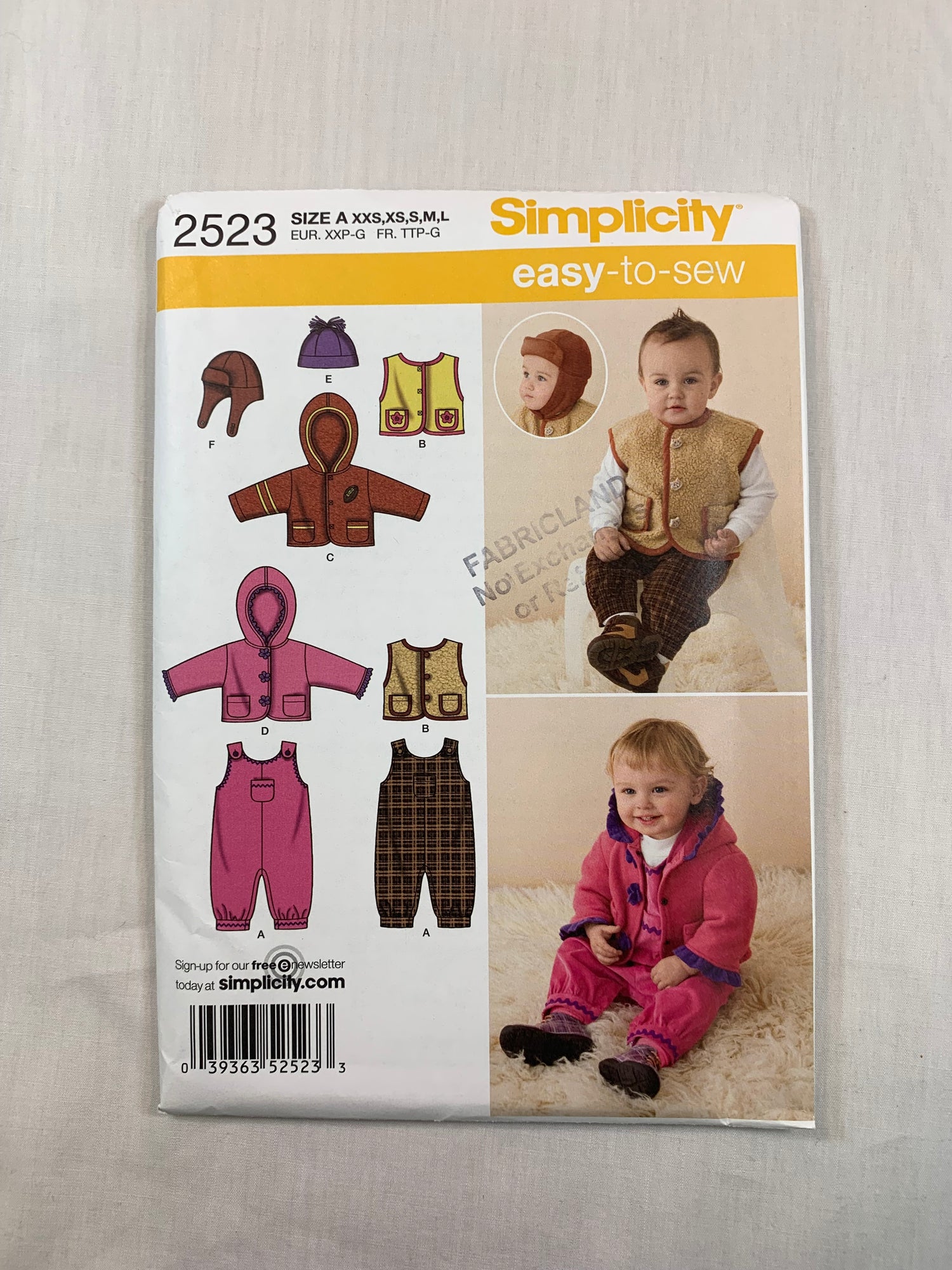 Simplicity Sewing Pattern, 2523 Babies, Overalls, Jacket, Vest, Hats, Size 7-24 Lbs. Uncut, 2009