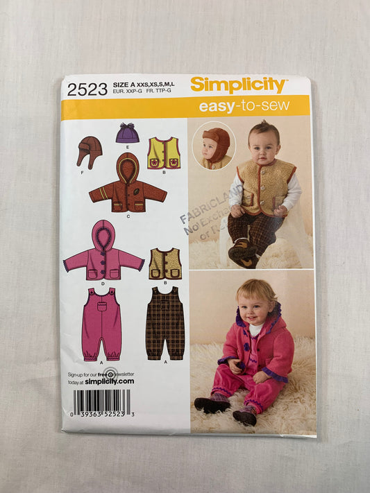 Simplicity Sewing Pattern, 2523 Babies, Overalls, Jacket, Vest, Hats, Size 7-24 Lbs. Uncut, 2009