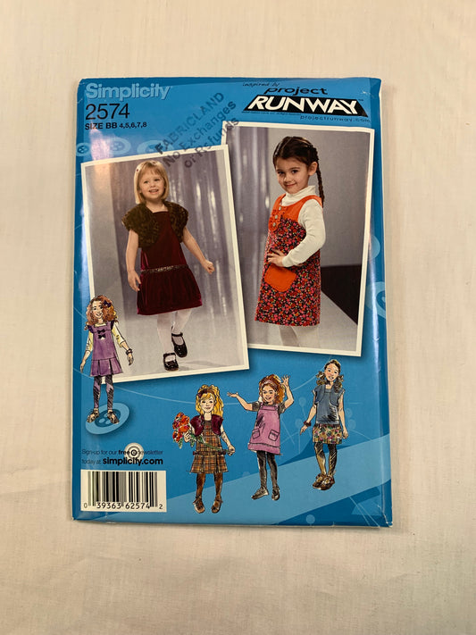 Simplicity Sewing Pattern 2574 Project Runway Toddlers'/Child's Jumper, Dress, Lined Shrug, Variations, Size 1/2-8, Uncut, 2009