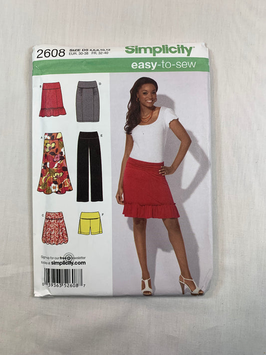 Simplicity Sewing Pattern 2608 Misses' Knit Skirts, Pants, Shorts, 6 Variations, Size 4-12, Uncut, 2009