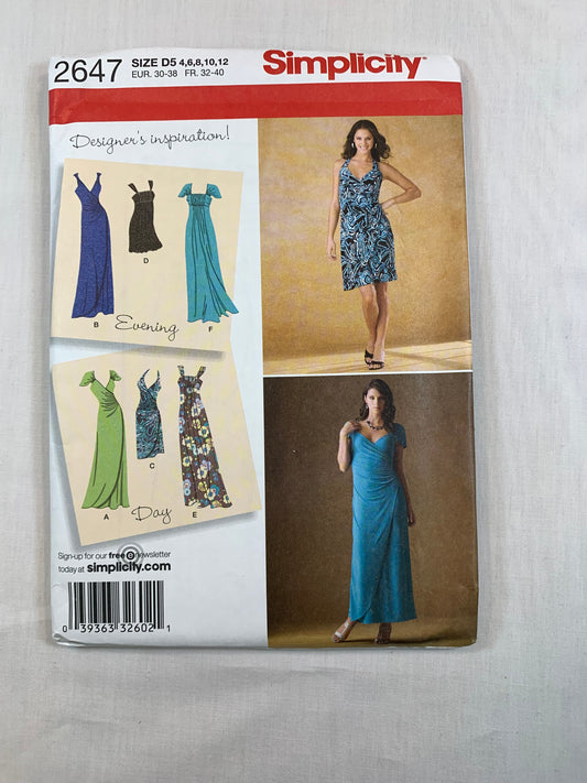 Simplicity 2647 Misses' Knit Dresses, Size 4-12 Uncut, 2009