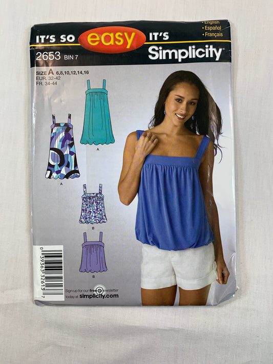 Simplicity Sewing Pattern 2653 Misses' Knit Dress, Top, Sleeveless, Shoulder Straps, Size 6-16 Uncut, 2009
