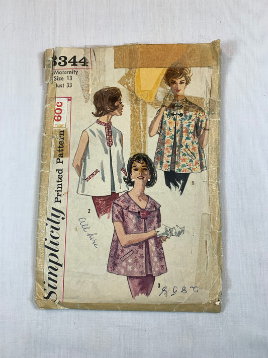 Simplicity Sewing Pattern 3344 Misses' Maternity Tops, Pleats, Short Sleeves, Sleeveless, Pullover, Size 13, Cut, Vintage 1960