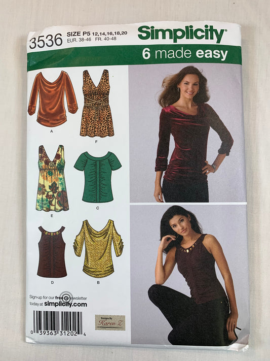 Simplicity Sewing Pattern 3536 Misses' Top, Shirt, 6 Variations, Sleeveless, Size 12-20, Uncut, 2009