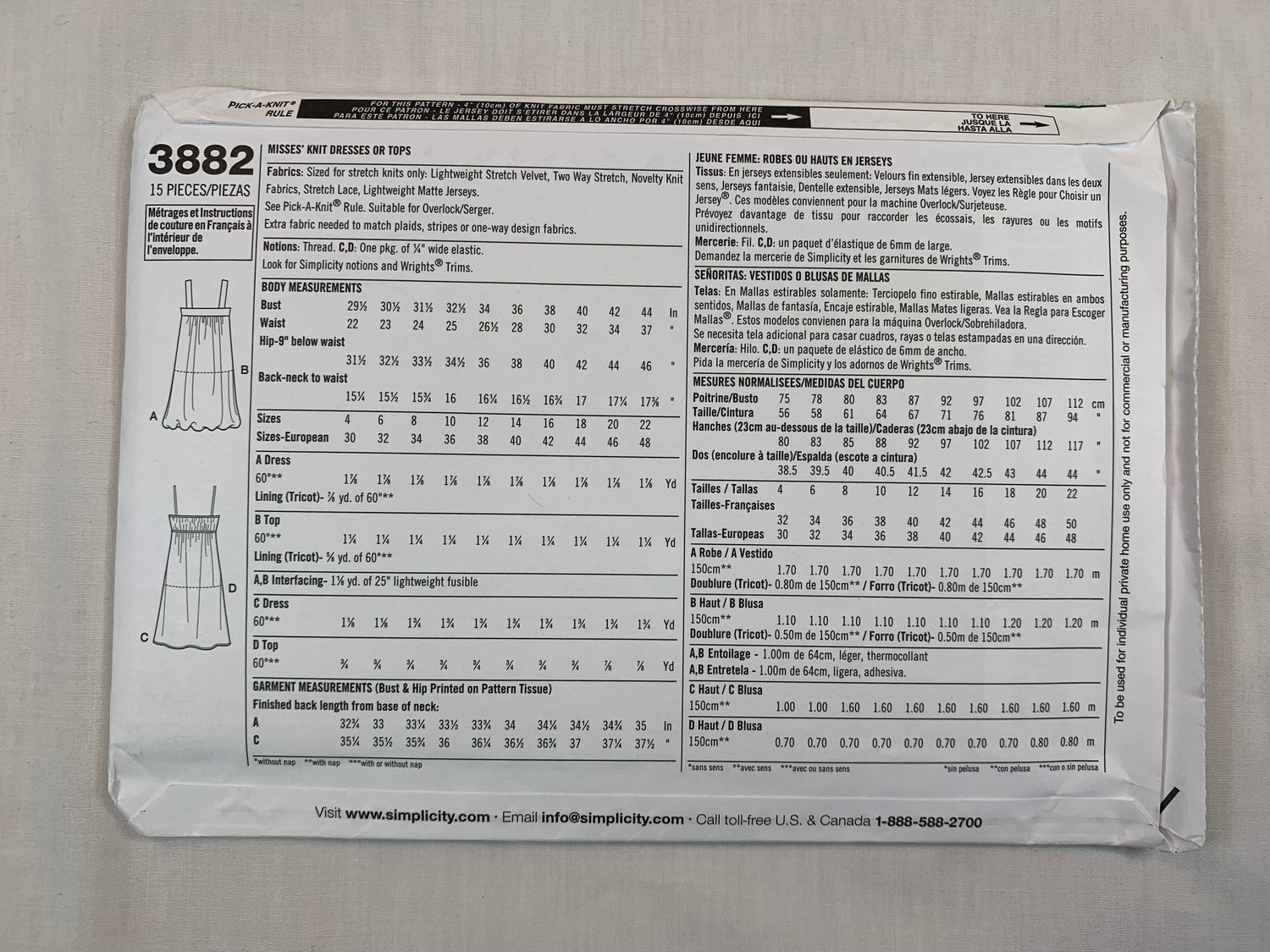 Simplicity Sewing Pattern 3882 Misses' Knit Dresses, Top, Sleeveless, Shoulder Straps, Size 4-12, Uncut, 2007