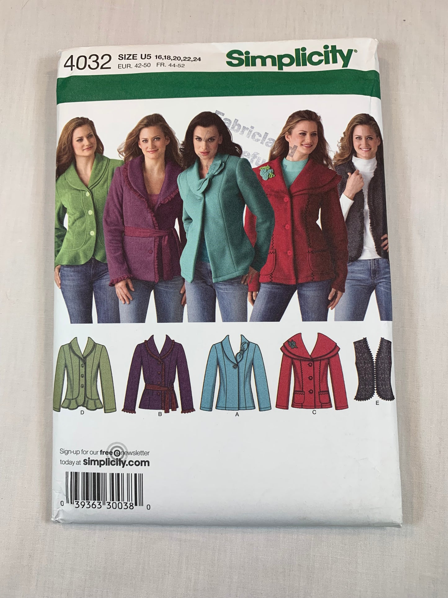 Simplicity 4032 Misses' Jackets and Vests, Belt, Size 16-24, Uncut, 2006