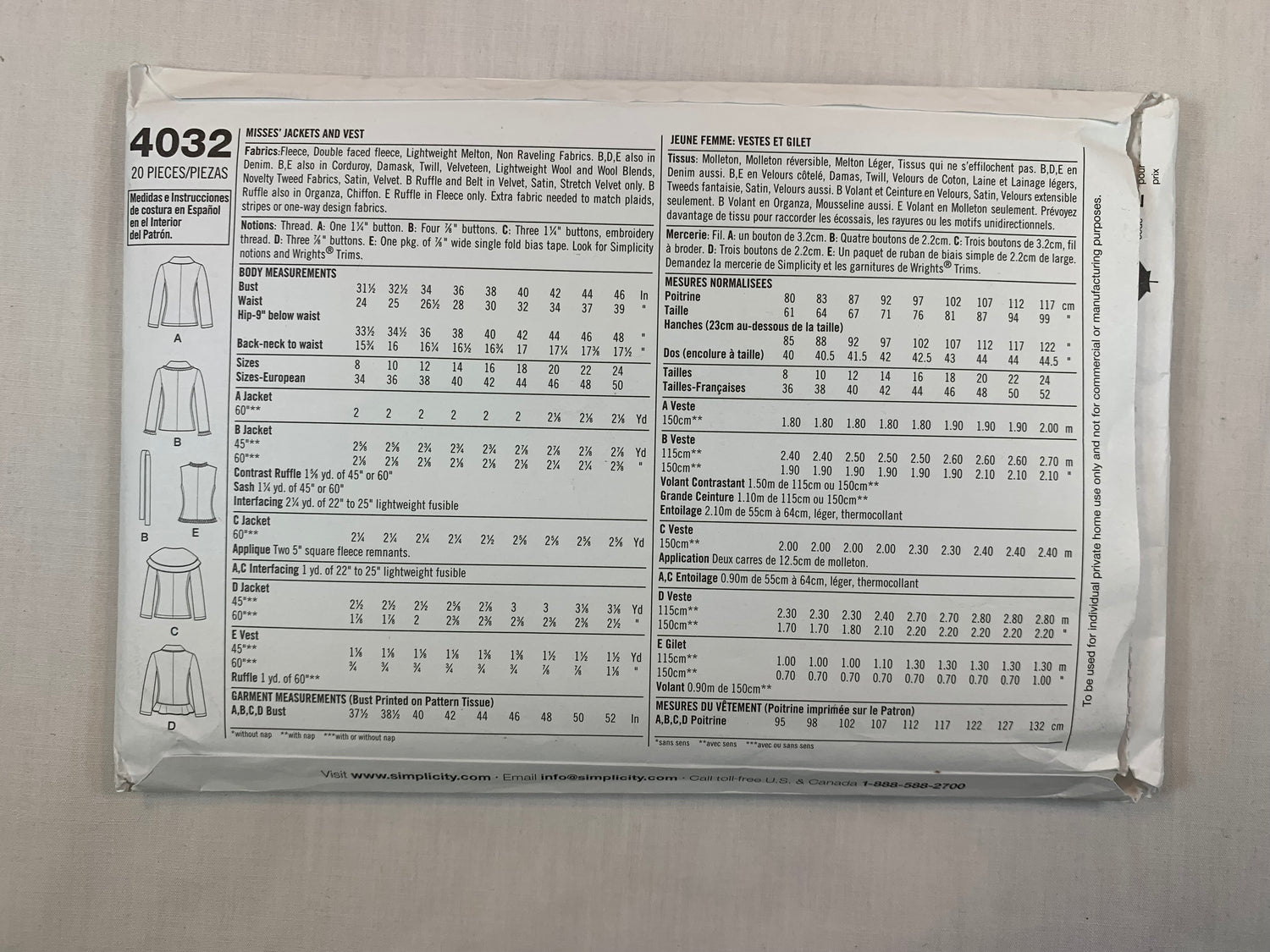 Simplicity 4032 Misses' Jackets and Vests, Belt, Size 16-24, Uncut, 2006