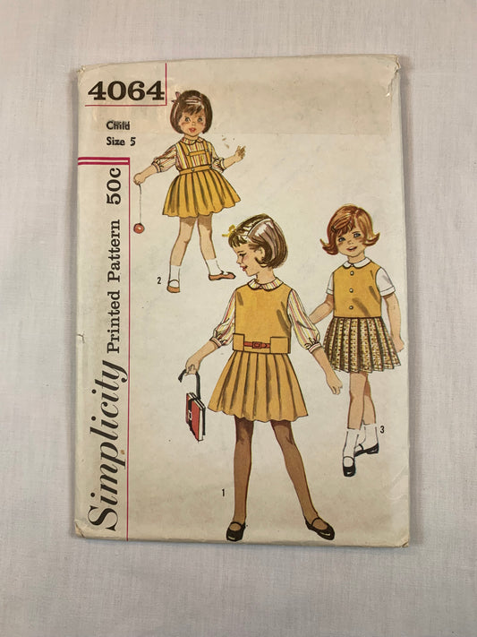 Simplicity 4064 Girls' Tops, Skirt, Size 5, Cut, Vintage 1960