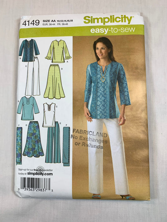 Simplicity Sewing Pattern 4149 Misses'/Women's Top, Skirt, Pants, Tunic, Scarf, Elastic Waist, Sleeve Variations, Neck Opening, Size 10-18, Uncut, 2006