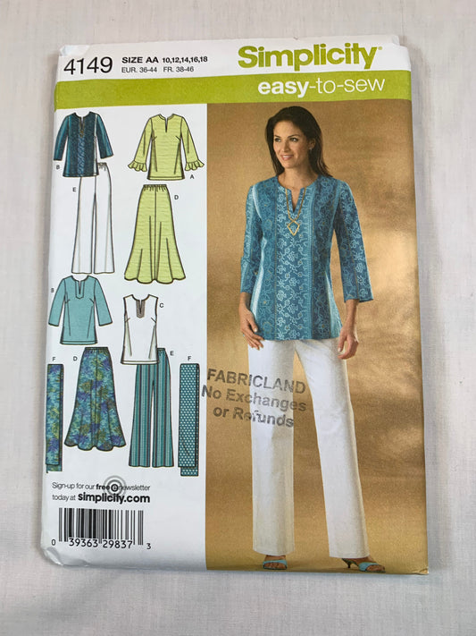 Simplicity Sewing Pattern 4149 Misses'/Women's Top, Skirt, Pants, Tunic, Scarf, Elastic Waist, Sleeve Variations, Neck Opening, Size 10-18, Uncut, 2006