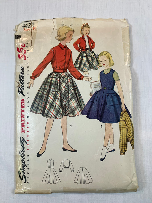 Simplicity 4421 Girls' Top, Skirt, Dress, Jumper, Size 10, Cut, Vintage 1960