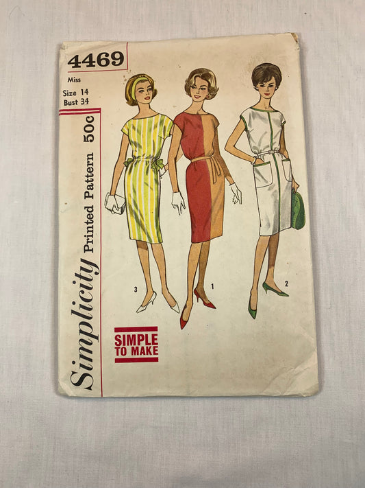 Simplicity 4469 Misses' Dress, Size 14, Cut, Vintage 1960
