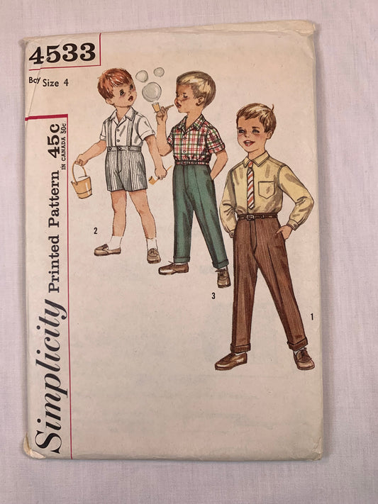 Simplicity 4533 Boys' Shirt, Pants, Shorts, Size 4, Cut, Vintage 1960