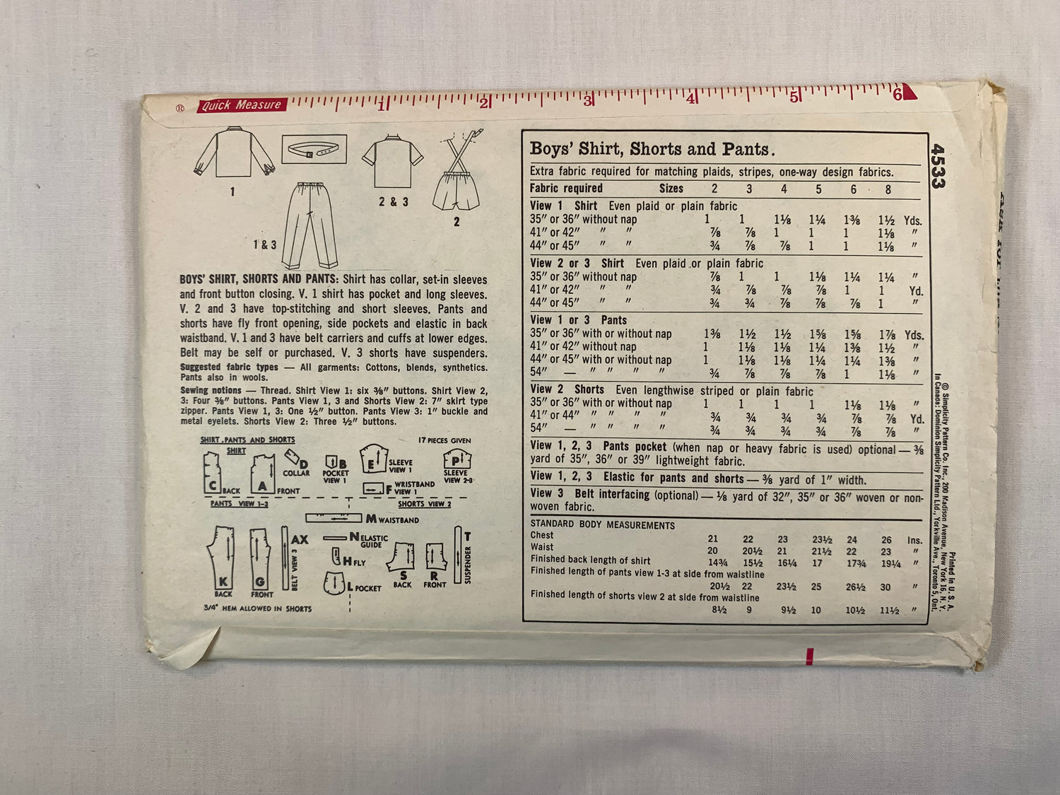 Simplicity 4533 Boys' Shirt, Pants, Shorts, Size 4, Cut, Vintage 1960