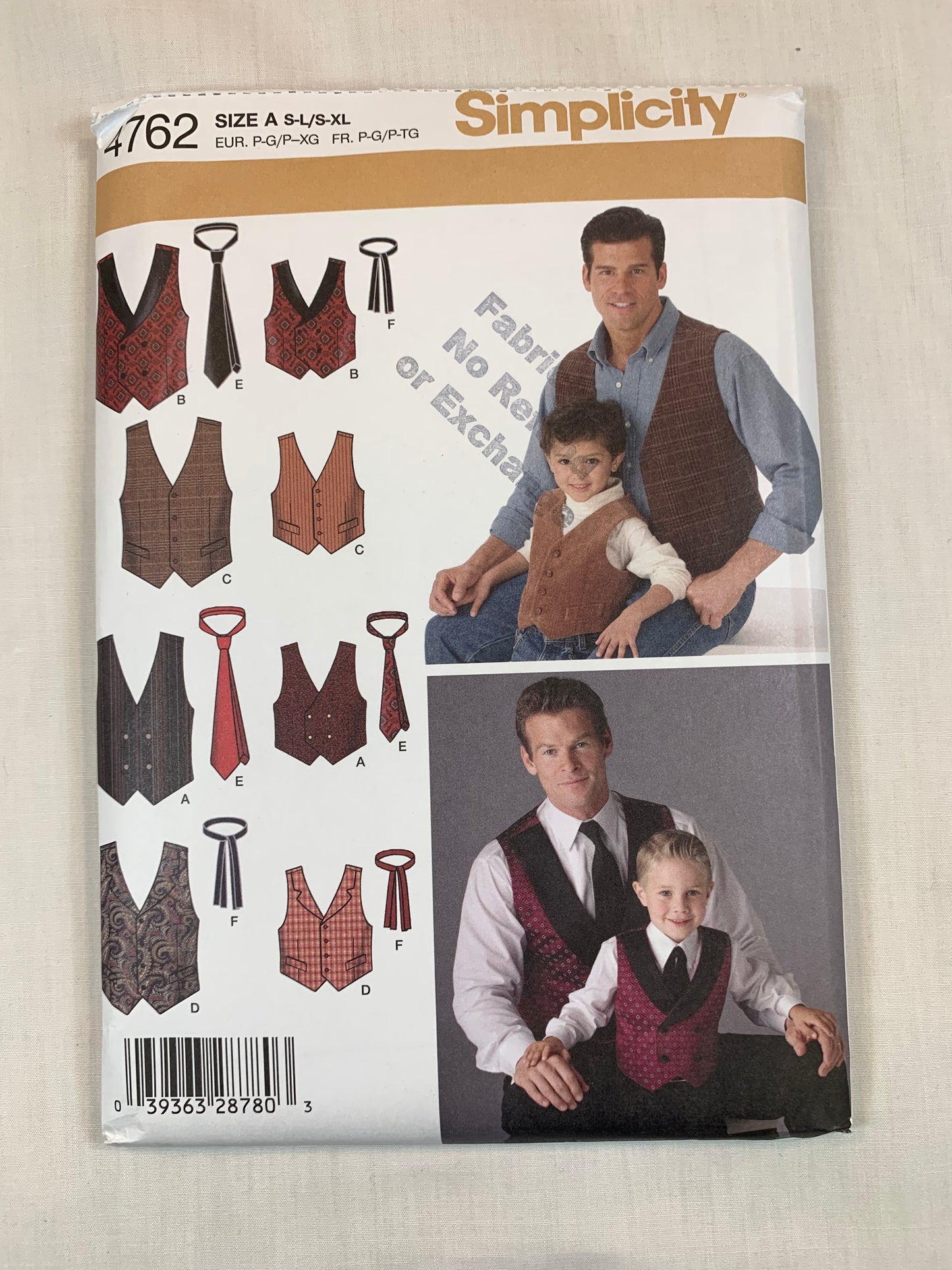 Simplicity Sewing Pattern 4762 Men's, Boy's, Vest, Ties, Sleeveless, Double Breasted, Button Front, Boy's 22-27, Men's 34-48, Uncut, 2004