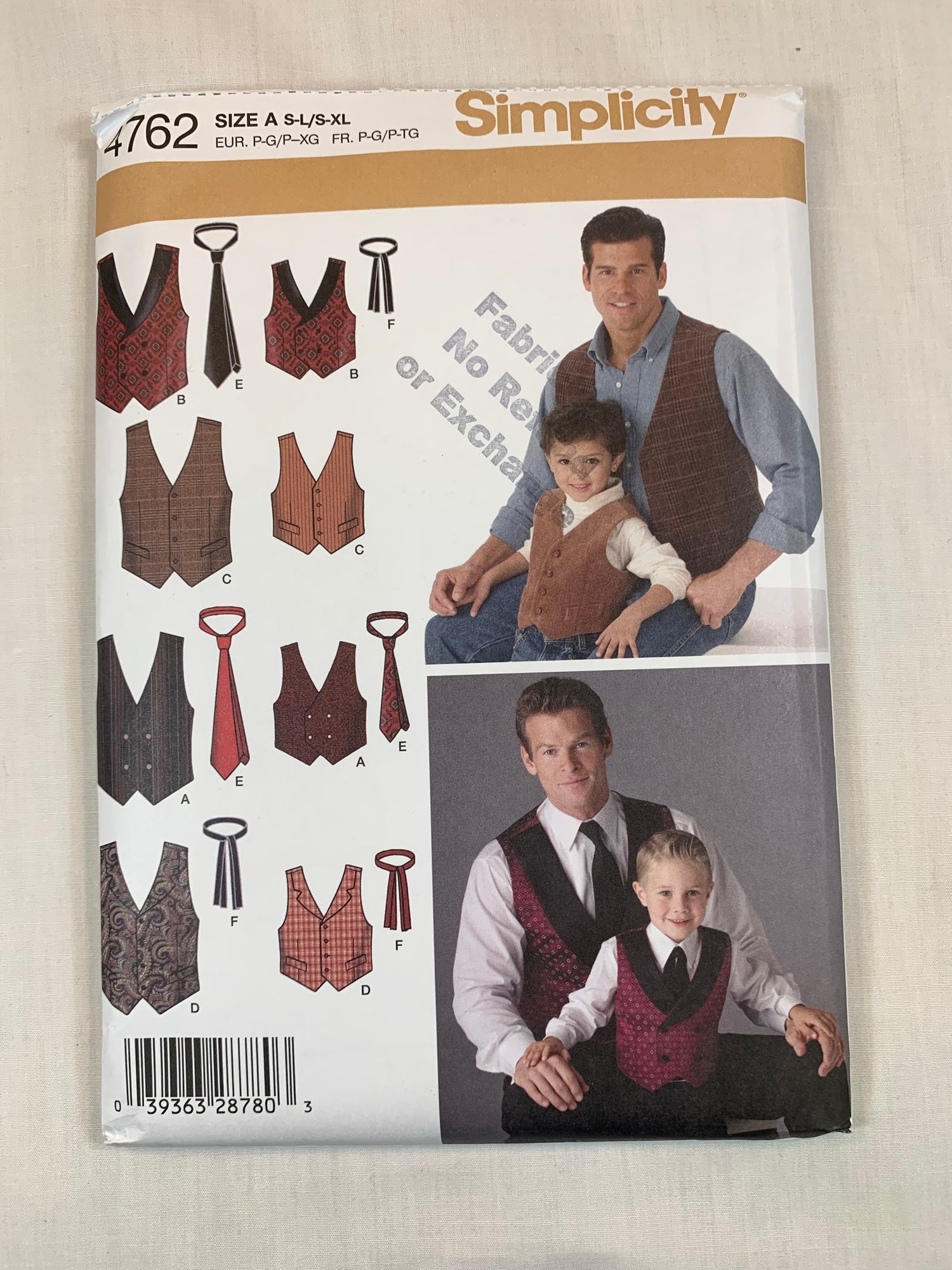 Simplicity Sewing Pattern 4762 Men's, Boy's, Vest, Ties, Sleeveless, Double Breasted, Button Front, Boy's 22-27, Men's 34-48, Uncut, 2004