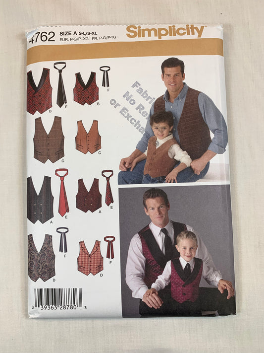 Simplicity Sewing Pattern 4762 Men's, Boy's, Vest, Ties, Sleeveless, Double Breasted, Button Front, Boy's 22-27, Men's 34-48, Uncut, 2004