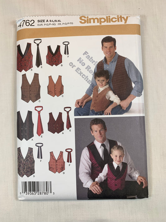 Simplicity Sewing Pattern 4762 Men's, Boy's, Vest, Ties, Sleeveless, Double Breasted, Button Front, Boy's 22-27, Men's 34-48, Cut, 2004