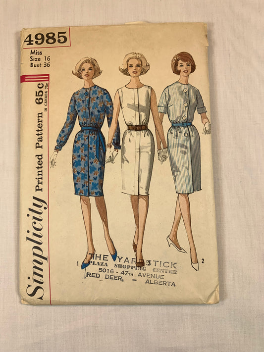 Simplicity 4985 Misses' Dress, Size 16, Cut, Vintage 1960