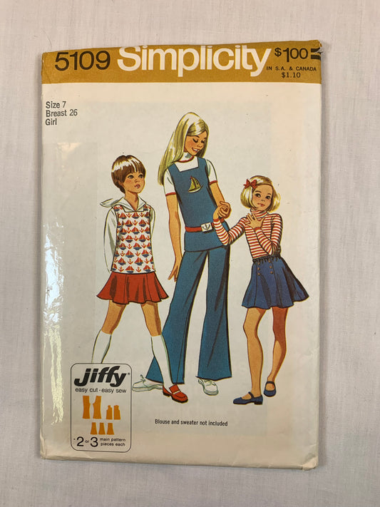 Simplicity 5109 Jiffy Girls' Top, Skirts, Bell-Bottom Pants, Size 7, Cut, Vintage 1972