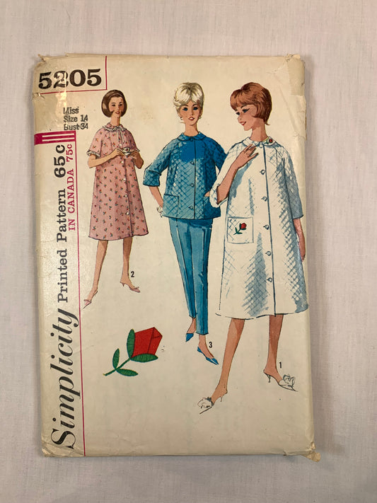Simplicity 5205 Misses' Robe, Top, Pants, Pajamas, Size 14, Cut, Vintage 1960
