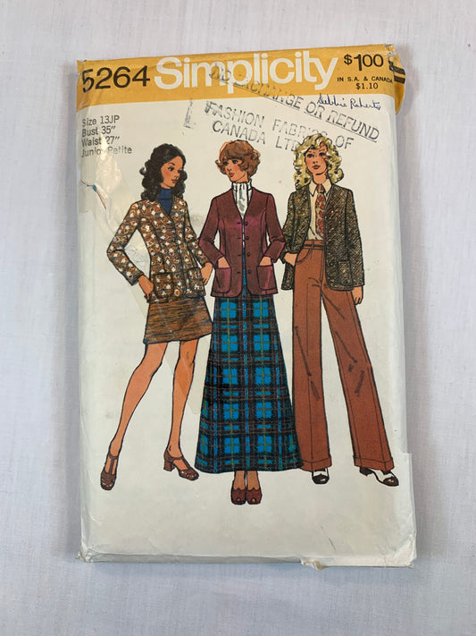 Simplicity 5264 Misses' Petites Cardigan Jacket, Skirt, Pants,, Size 13, Cut, Vintage 1972