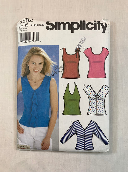 Simplicity 5502 Misses' Top, Shirt, Size 14-22, Cut