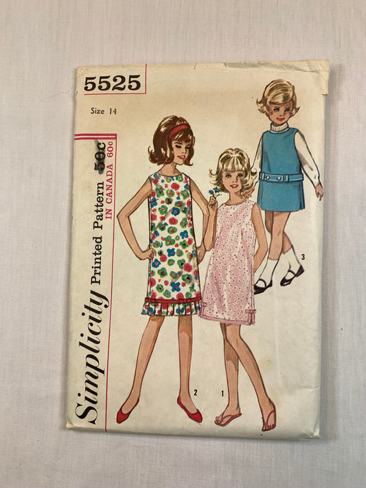 Simplicity 5525 Girls' Dress, Jumper, Size 14, Cut, Vintage 1964
