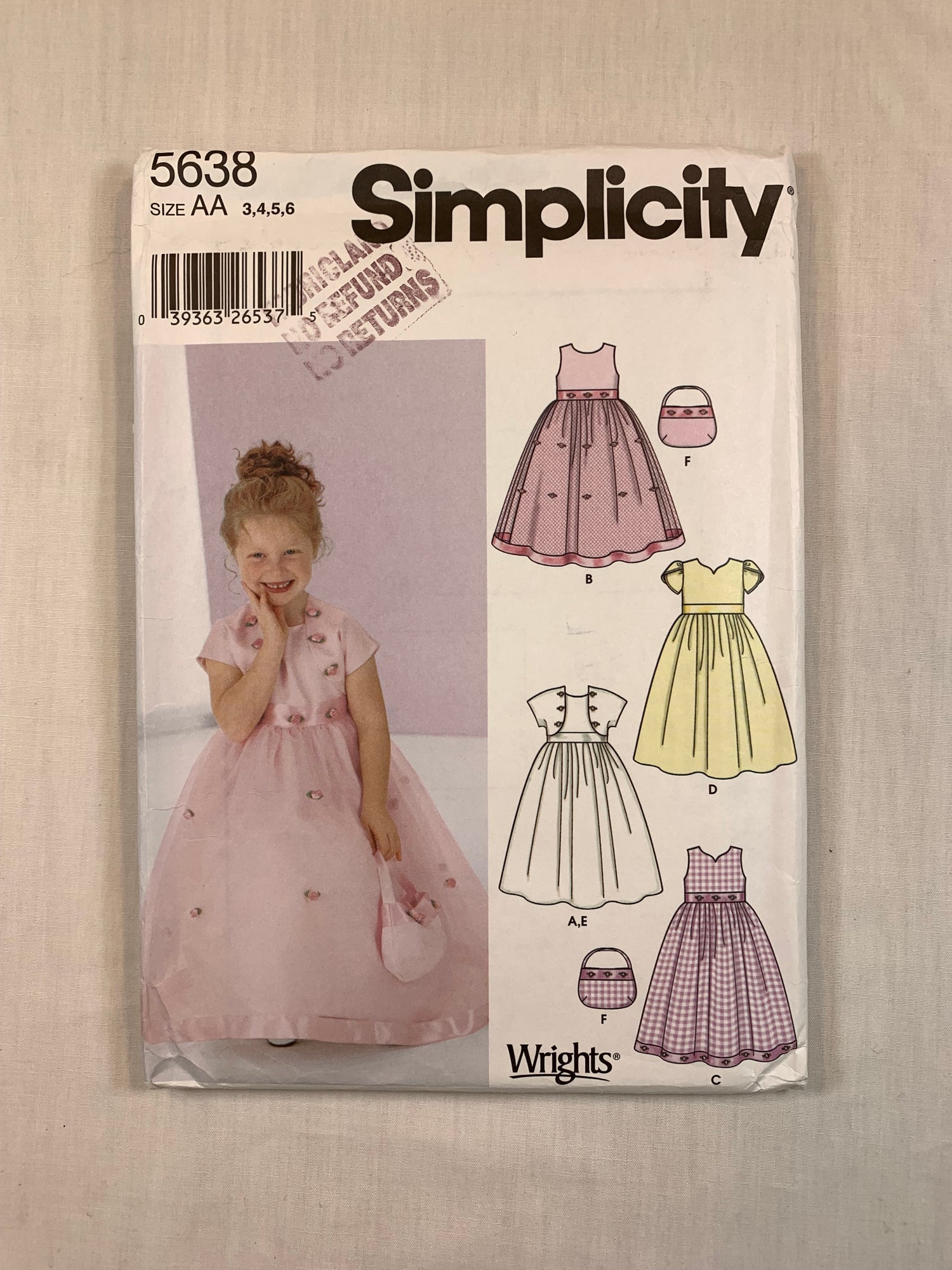 Simplicity 5638 Girls' Dress, Jacket, Purse, Size 3-6, Uncut, 2003