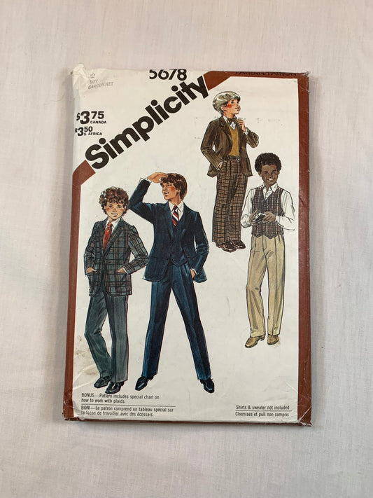 Simplicity Sewing Pattern 5678 Boys' Lined Jacket, Pants, Lined Vest, Fly Zipper, Pockets, Long Sleeves, Size 12, Cut, Vintage 1982