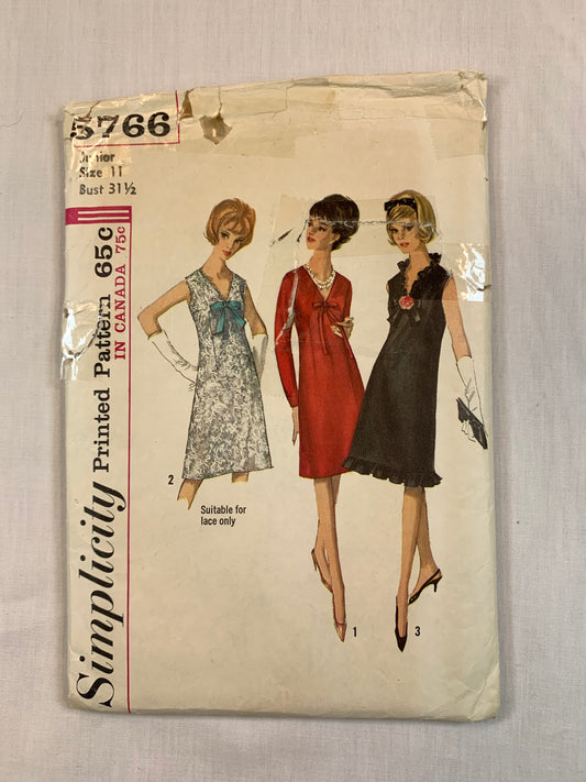 Simplicity 5766 Misses'/Juniors' Dress, Size 11, Cut, Vintage 1964