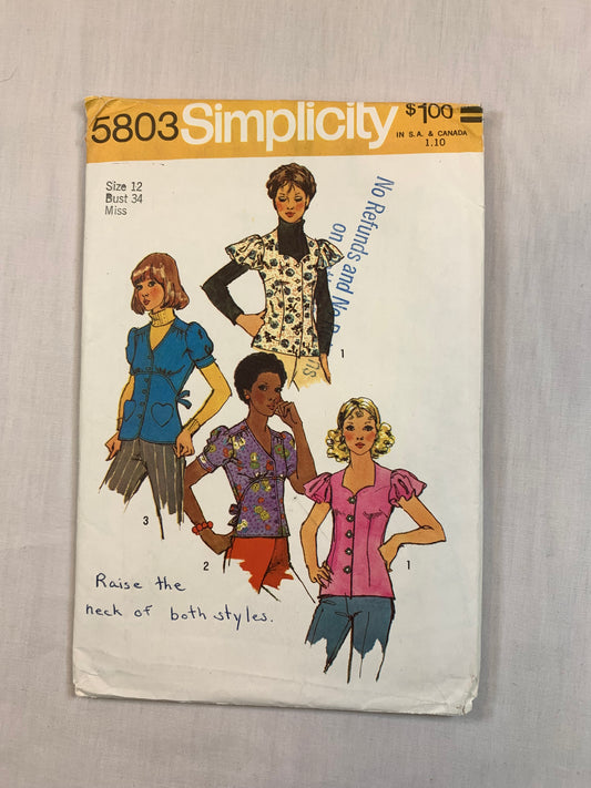 Simplicity 5803 Misses' Top, Size 12, Cut, Vintage 1973
