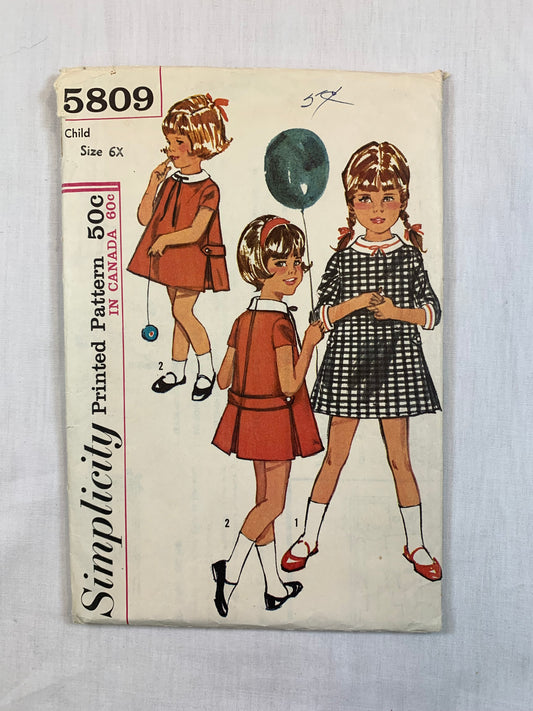 Simplicity 5809 Girls' Dress, Jumper, Size 6x, Cut, Vintage 1964