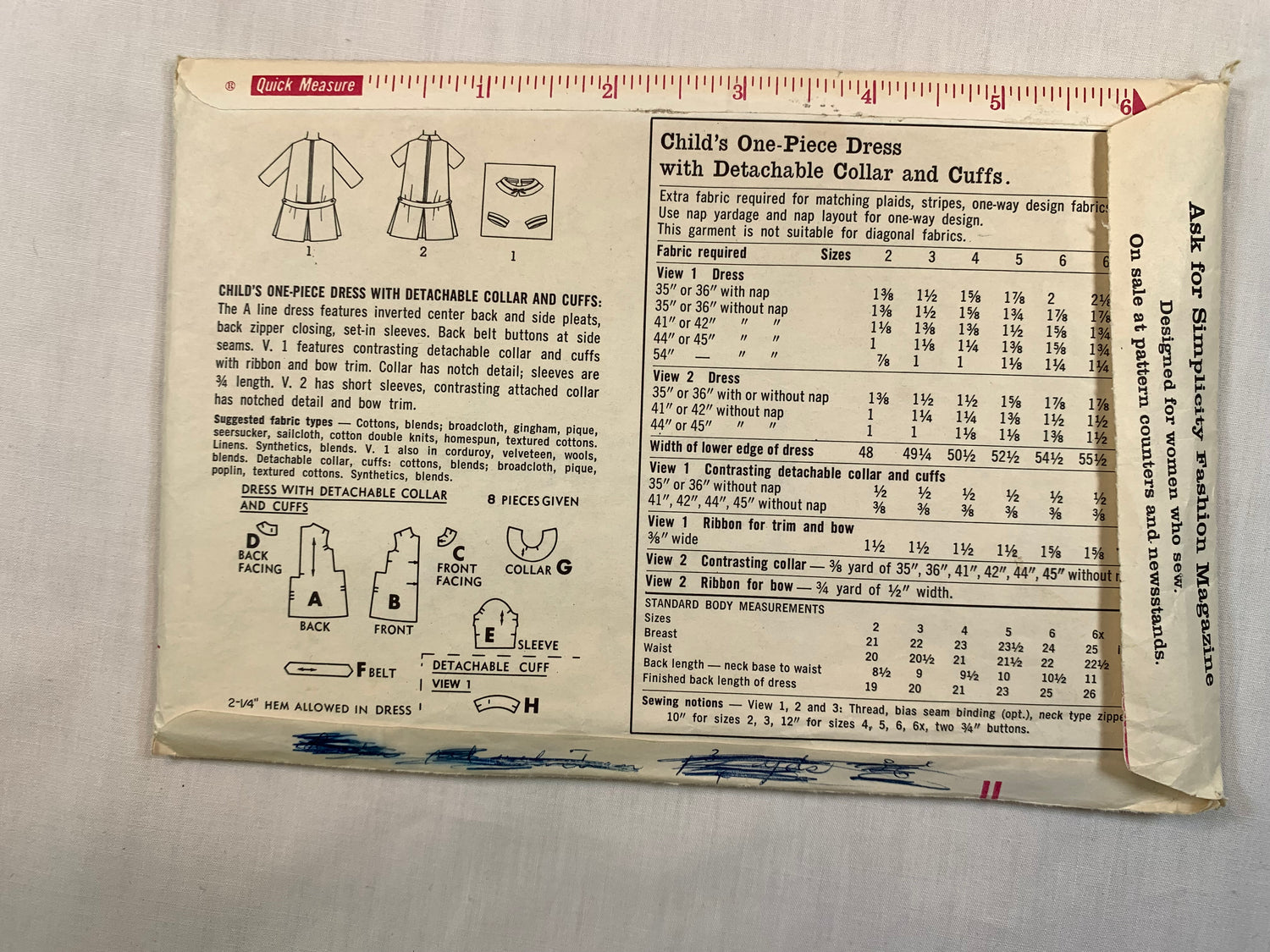 Simplicity 5809 Girls' Dress, Jumper, Size 6x, Cut, Vintage 1964