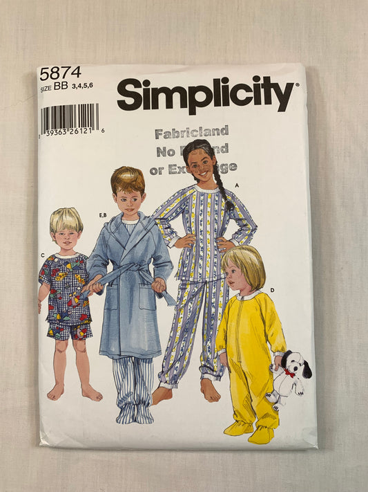 Simplicity 5874 Boys' Girls' Pajamas, Loungewear, Top, Pants, Robe, Sleepers, Size 3-6, Uncut, 2002