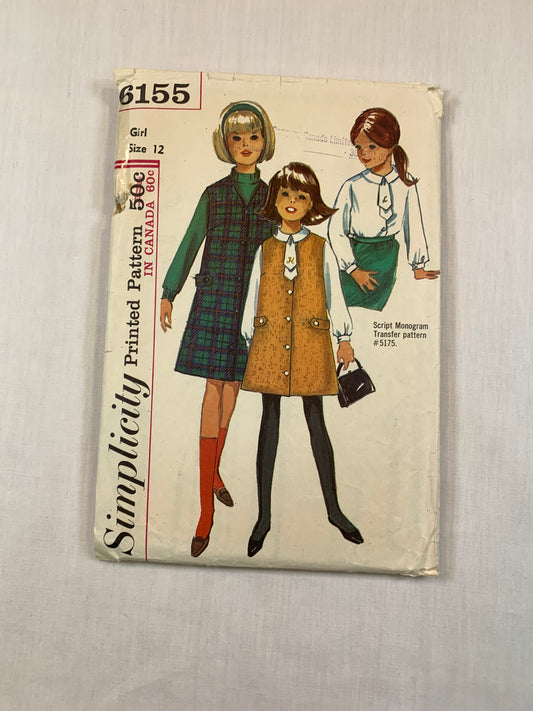 Simplicity 6155 Girls' Blouse, Jumper, Size 12, Cut, Vintage 1965
