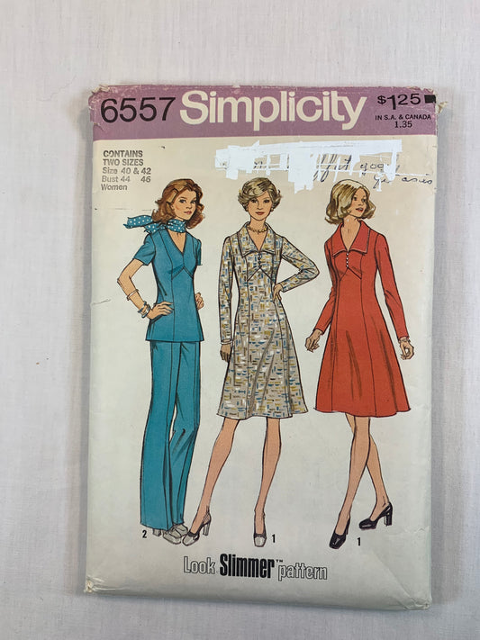 Simplicity 6557 Misses' Dress, Top, Pants, Size 40-42, Cut, Vintage 1974