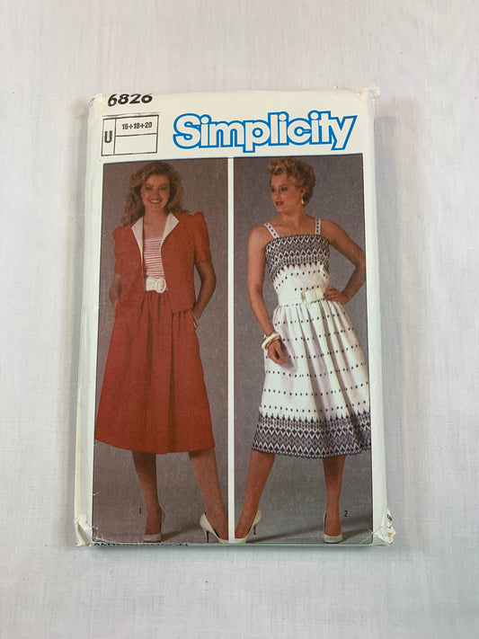 Simplicity 6826 Misses' Sundress, Jacket, Size 16-20, Cut, Vintage 1985
