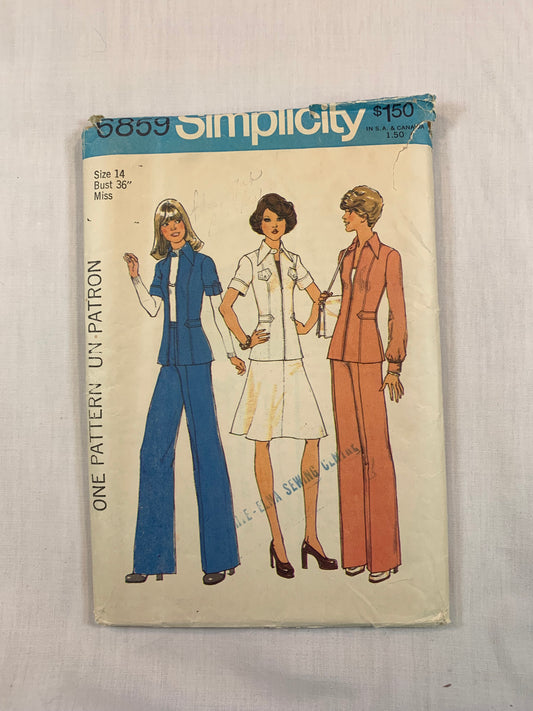 Simplicity 6859 Misses' Unlined Jacket, Skirt, Pants, Size 14, Cut, Vintage 1975