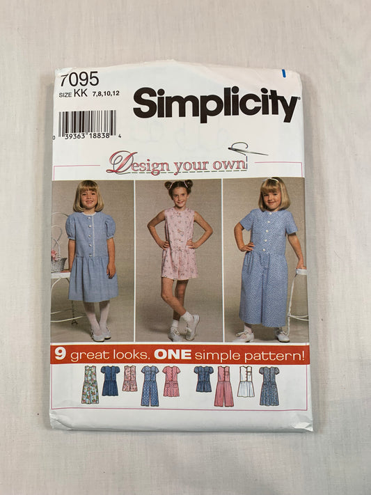 Simplicity 7095 Girls' Dress, Romper, Size 7-12, Uncut, Vintage 1996