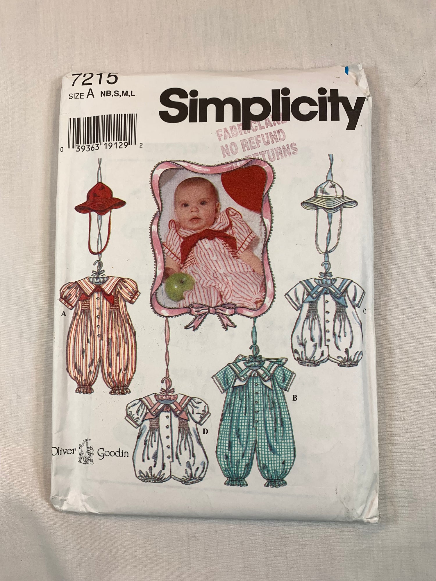 Simplicity 7215 Babies Rompers, Hats, Size 7-24 Lbs. Uncut, Vintage 1996