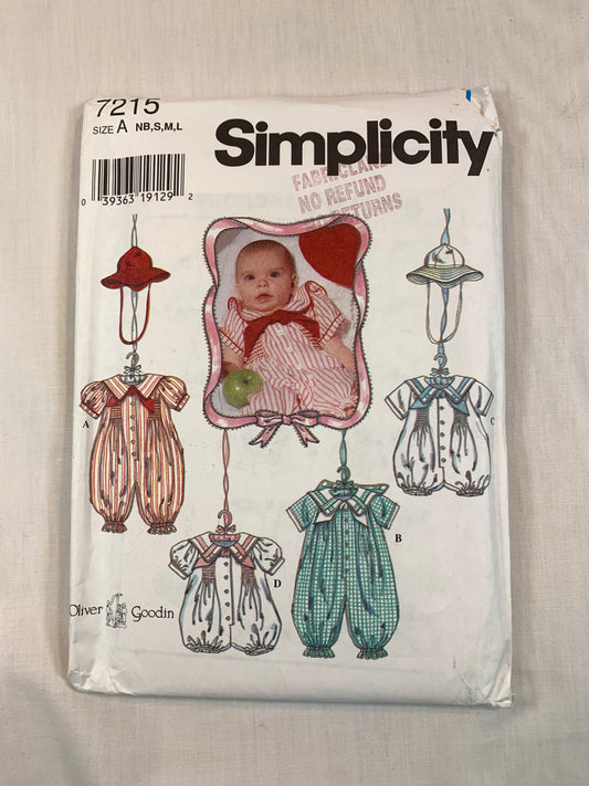 Simplicity 7215 Babies Rompers, Hats, Size 7-24 Lbs. Uncut, Vintage 1996