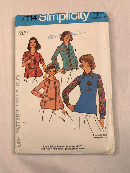Simplicity 7114 Misses' Knit Tops, Size 12-14, Cut, Vintage 1975
