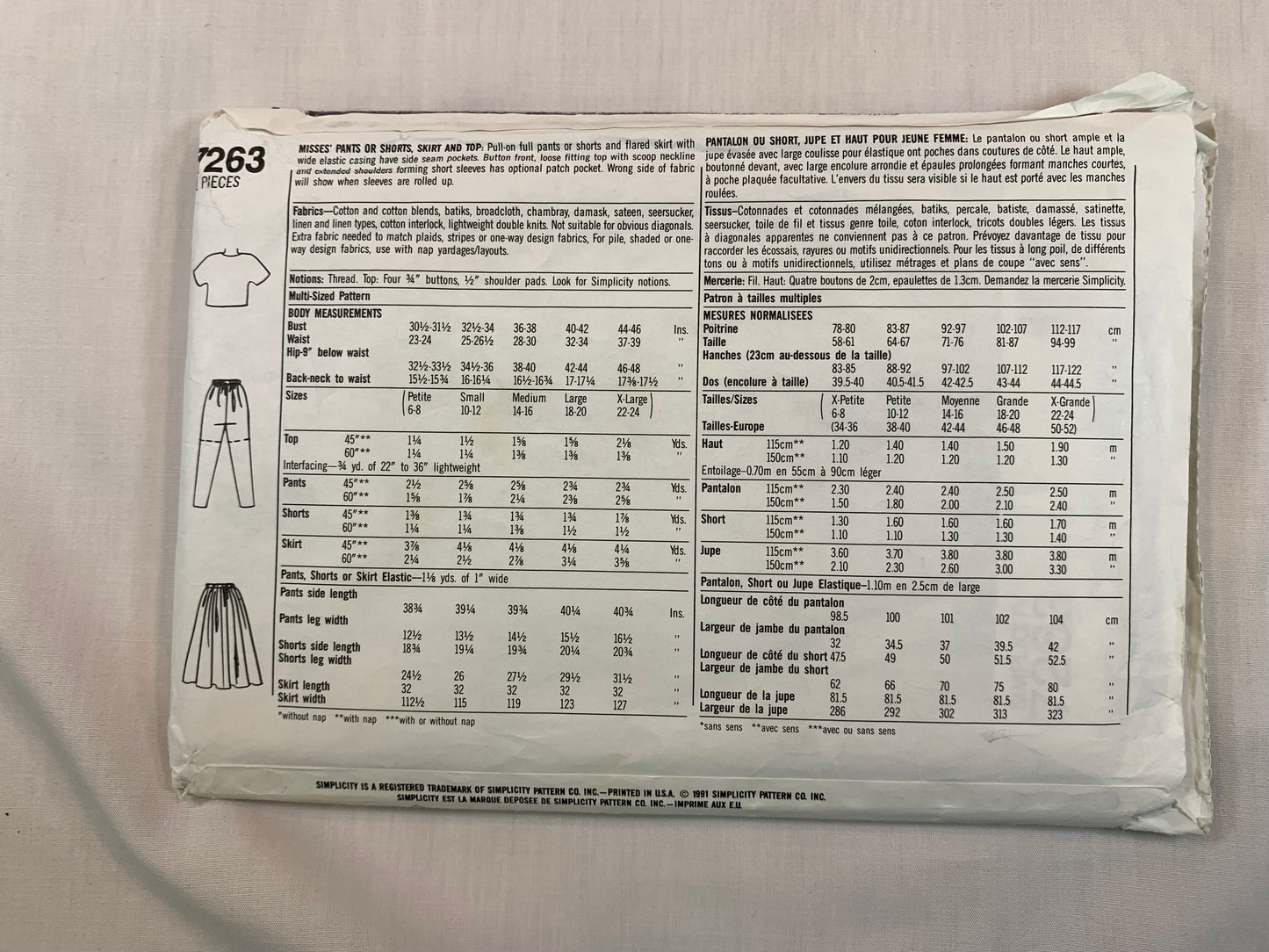 Simplicity 7263 Misses' Skirts, Pants, Shorts, Tops, Size 6-16, Cut, Vintage 1991