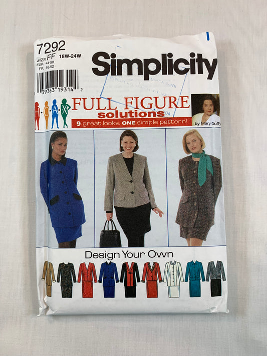 Simplicity 7292 Misses'/Misses' Petites Jacket, Skirt, Size 18W-24W, Uncut, Vintage 1996