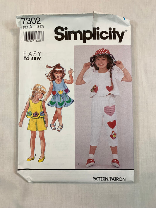 Simplicity 7302 Girls' Pants, Shorts, Skirt Top, Size 3-6X, Uncut, Vintage 1991